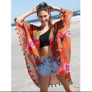 Natural Life Orange Floral Tassels Kimono One Size NWT READ